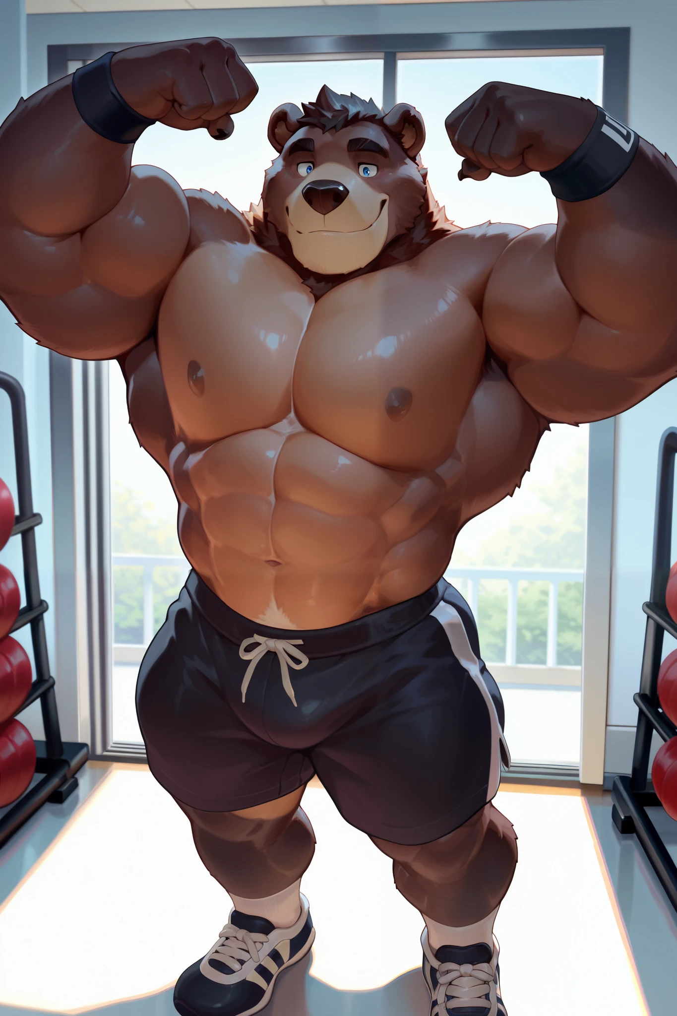 masterpiece, best quality, amazing quality, null-ghost, bara, big pecs, male big bear ,solo, smiling, curly, short hair, black gym shorts, gym shoes, flexing, shirtless, flexing, abs, lifting arms, full body, perfect blue eyes, gymnasium, wristbands