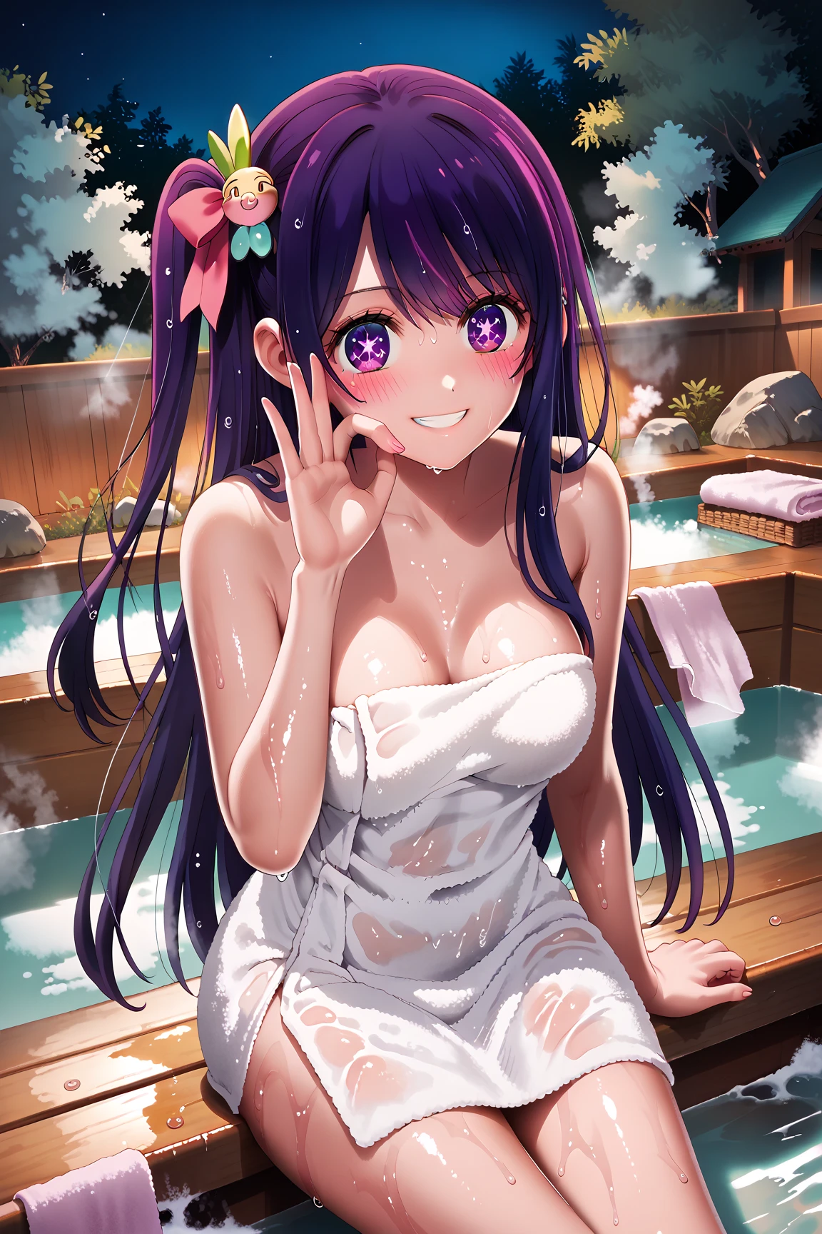 aihoshino, Ai Hoshino, Long Hair, bangs, (Purple eyes:1.1), Purple Hair, smile,Medium Breast,Naked Towel,Hair Bun, single Hair Bun,
blush,smile, Wet Hair,Wet towel,Wet Naked,Open your mouth,Damp Hair,Completely naked,barefoot,Naked body wrapped in a bath towel,moon光,night,moon,whole bodyがイラストに入るように,Open-air bathから白い煙ががでている,hot water,
break outdoors, Open-air bath,
break looking at viewer, whole body,
break (masterpiece:1.2), highest quality, High resolution, unity 8k wallpaper, (shape:0.8), (Beautiful details:1.6), Highly detailed face, Perfect lighting, Extremely detailed CG, (Perfect hands, Perfect Anatomy),
