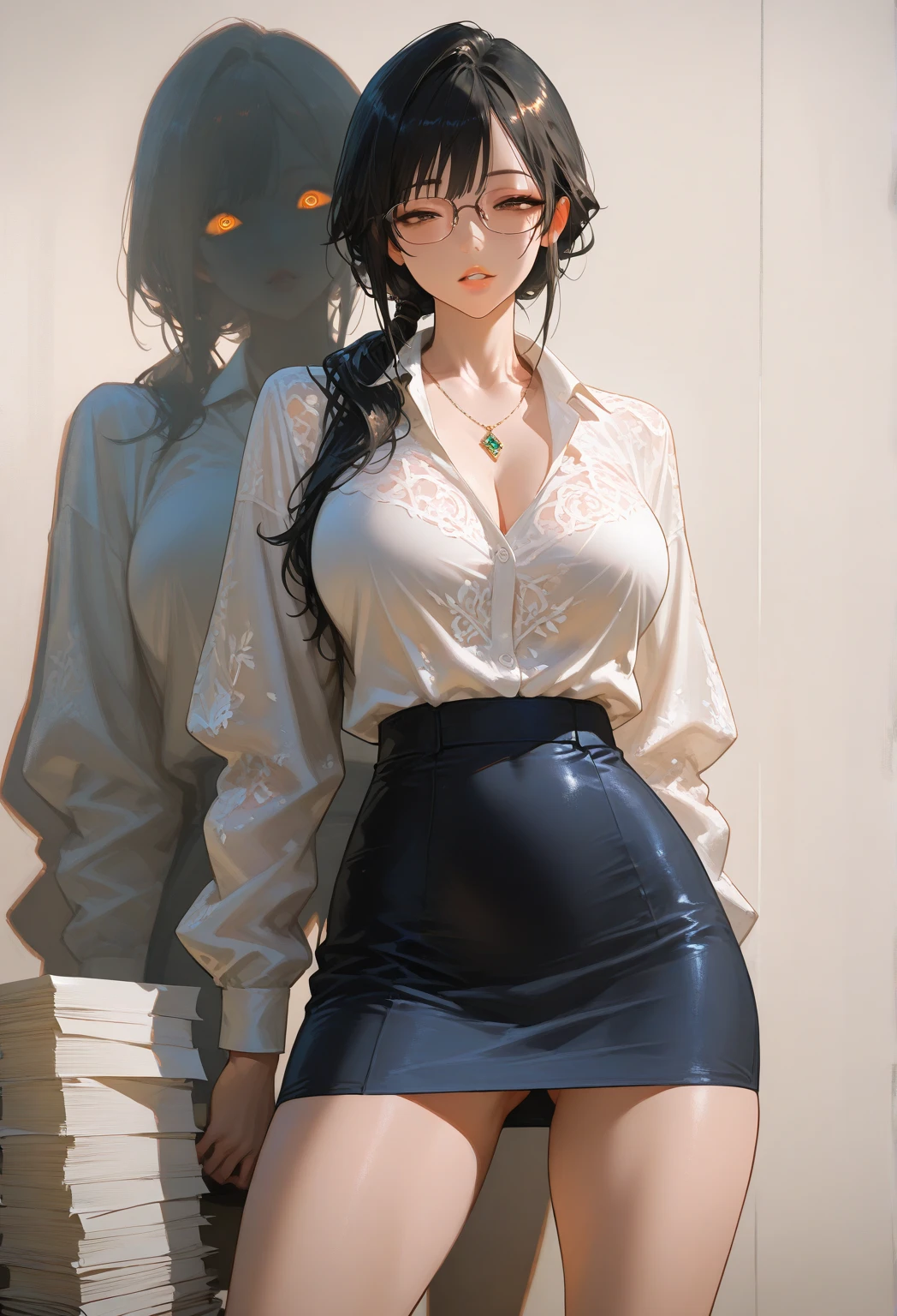 One creates a girl with long straight black hair and brown eyes, beautiful, thin, flat, tall, tall, wearing a businessman uniform, one with long hair, the other with short women, ((white sheer blouse, no black miniskirt)), underwear bite, sexy pose, lower body slender,