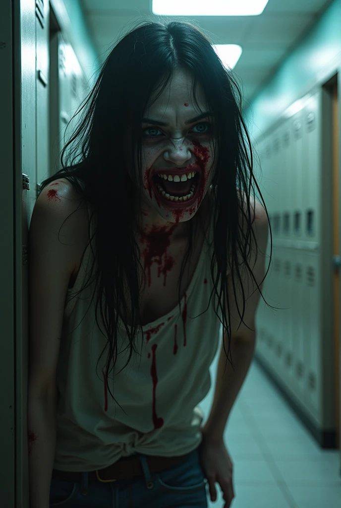 A scary and disturbing dirty bloody lady full body