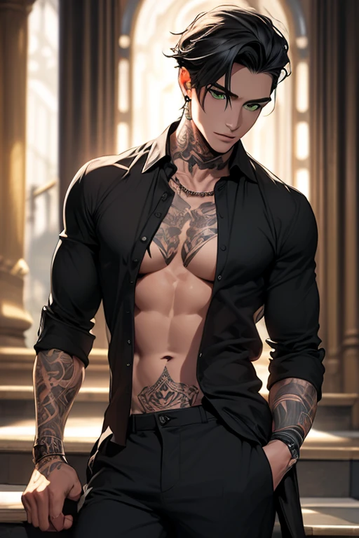 protagonista masculino cabelo grande preto escuro e olhos preto escuro com cicatriz pelo corpo e uma katana linda e uma aura poderosa