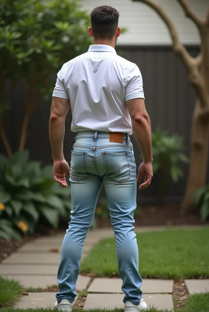 age 60, white man police detective with a mature, full body backside, kind demeanor, strong and muscular yet chubby build, mustache, wearing dress pants , giving off a hint of a horny yet disgusting aura. Big bulge, White Jeans