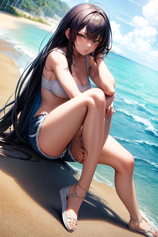 ((1femelle, aube \(\lum\): adulte, Regard en arrière sur le spectateur, Fermer, yeux bleus, longs cheveux noir clair, embarrassed, Rougir, bikini sexy, montrant le ventre, huge tits (bikini noir, 2 bottes noir , chain necklace)), de face, background beach, (, best quality:1.2, extremely detailed:1.2)