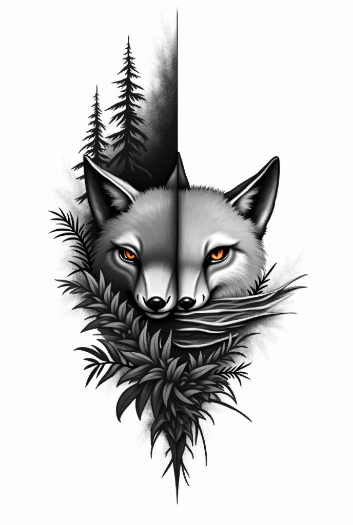 Generate a black and white tattoo, minimalista, mirror type. One part must be a humanized shark in a forest and the other part must be a humanized fox in the sea