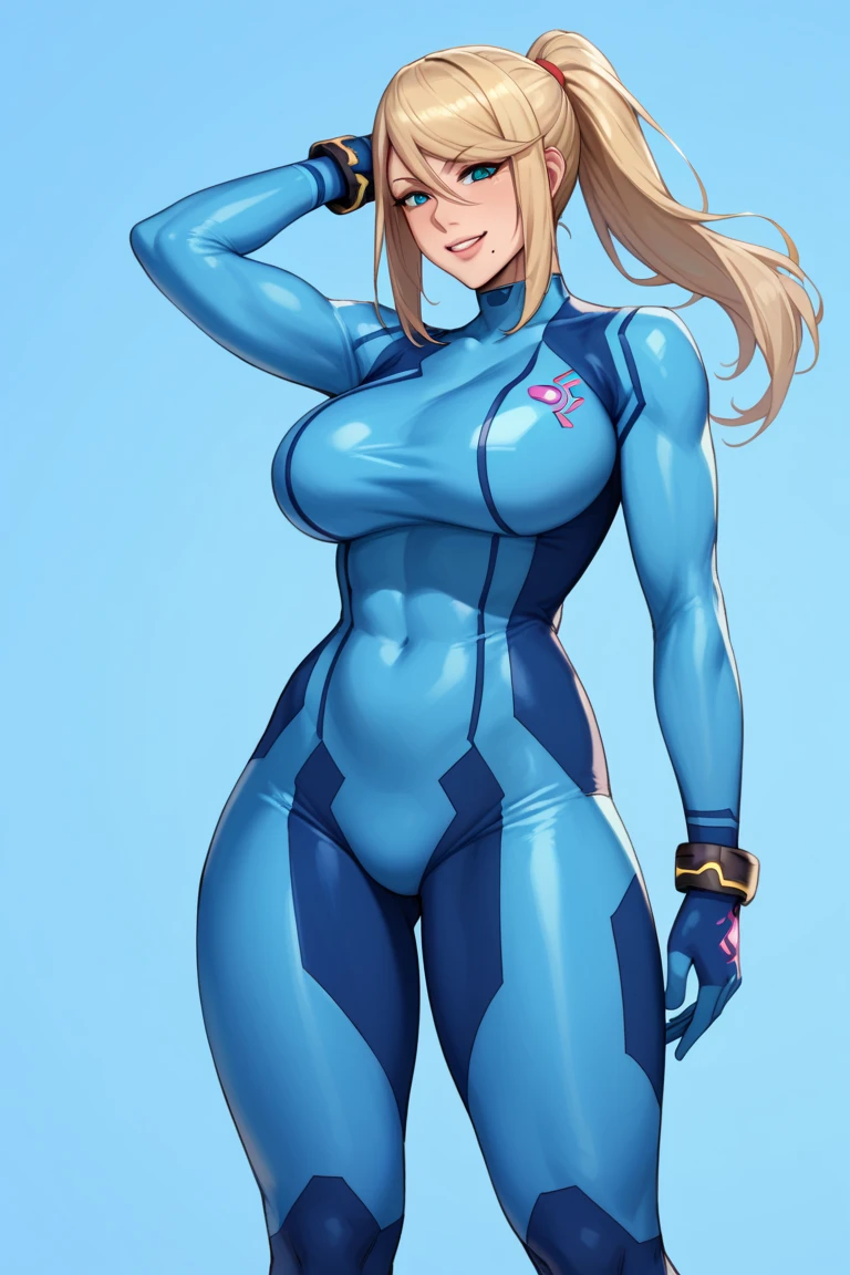 cammy sf6, 1girl,solo,blonde hair, short hair,blue eyes, large breast, scar on cheek , transparent bunnysuit, bunny ears, playboy bunny, translucent bunnysuit, arms behind back, smile, blush, white background
