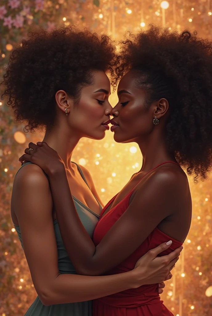 Young black lesbian women couple. A skinny black tomboy with short hair. The other light-skinned black woman with curly hair, formal and fat clothing. The two hugging and kissing each other.
