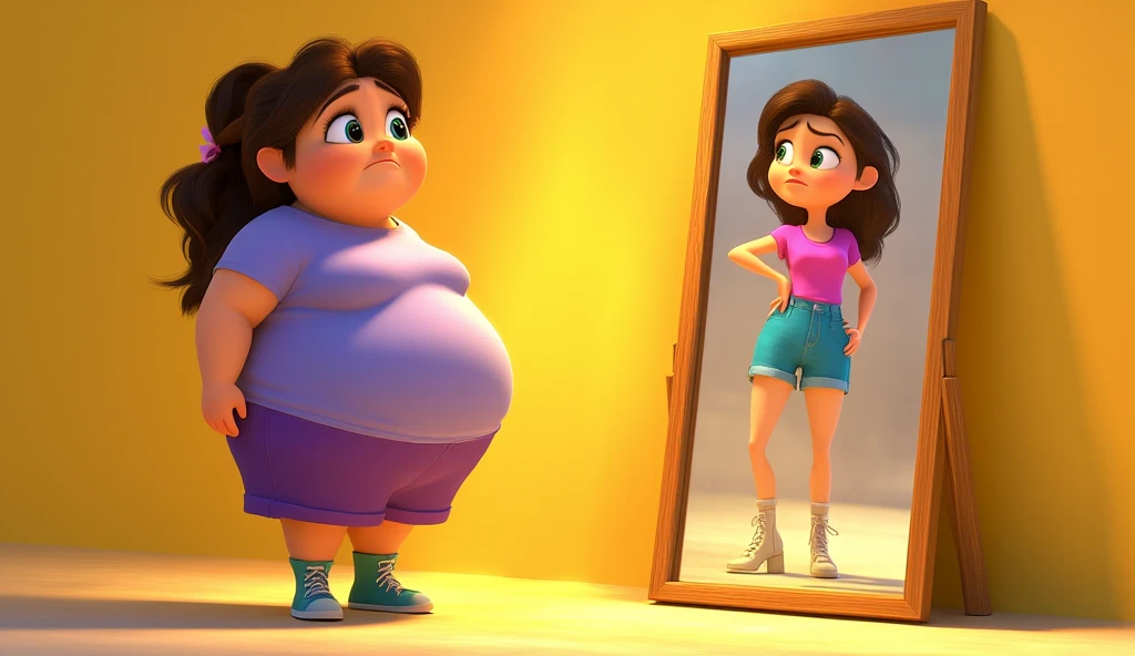 There's a woman in front of a mirror in a pink shirt, em frente a um espelho, com um espelho, mulher gorda, Um retrato de uma mulher rechonchuda, mulher plus size, figura gorda, Olhar no espelho, imagem de corpo inteiro, Olhar no espelho, Leve excesso de peso, Olhando no espelho, um excesso de peso, anorexic figure