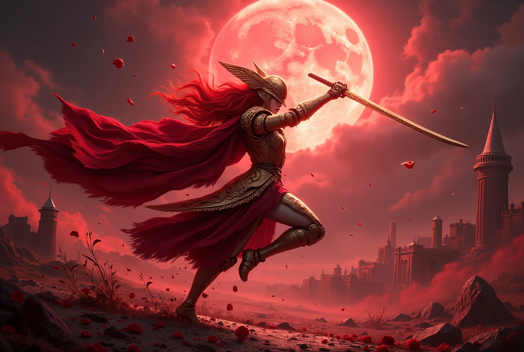 A highly detailed, ultra-realistic cinematic shot of Malenia, Blade of Miquella, leaping through the air in a dynamic battle pose, her katana raised and ready to strike. She wears her signature ornate, battle-worn golden armor with intricate engravings, a flowing red cape, and her iconic winged helm partially obscuring her face. Her long, fiery red hair streams behind her as she moves, and her prosthetic arm gleams under the eerie crimson moonlight. The scene is set beneath a massive blood-red full moon, casting an ominous glow over the battlefield. The air is filled with scattered red rose petals, swirling in the wind, while ghostly mist drifts across the ancient ruins below. Glowing embers of Scarlet Rot power radiate from her blade, illuminating the dark surroundings. The atmosphere is intense and cinematic, capturing the raw energy of battle. Shot with a Sony A7R IV, 85mm f/1.2 lens, ultra-sharp details, dramatic lighting, 8K, hyper-realistic, dynamic motion blur, cinematic composition.