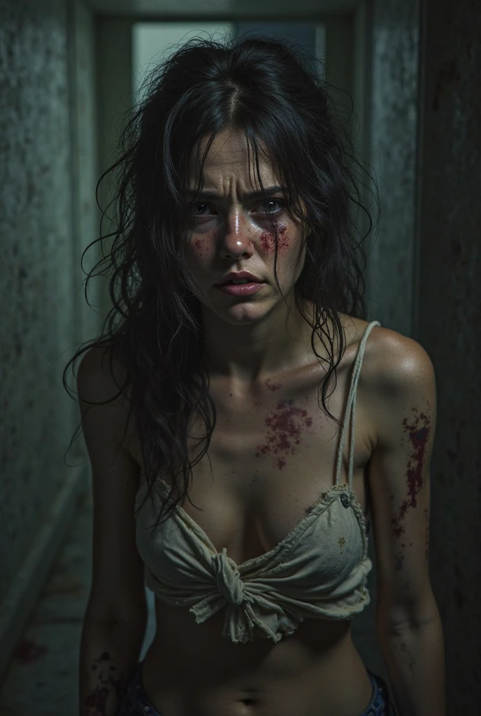 A dark, twisted, and unsettling portrait of Adult Alessa Gillespie from the Silent Hill movie, hyperrealistic, highly detailed, chiaroscuro lighting, dramatic shadows, haunting expression, porcelain skin, long black hair, tattered dress, scars, burns, dark circles under eyes, piercing gaze, ominous atmosphere, cinematic composition, moody color palette, muted tones, masterpiece, best quality, 4k, 8k, highres
