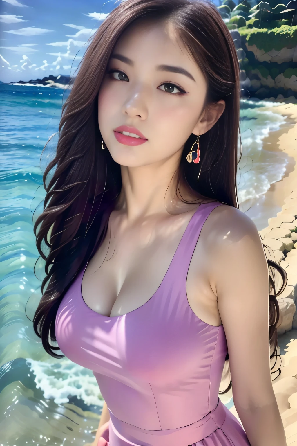 top quality, 8k, masterpiece :1.3,one girl drinking bubble tea,Elegant Pink Cheek :1.2,red lipstick:1.2, beautiful woman, Big Breasts:1.3,double eyelids, ocean, walks by the waves, stroll,waves,summer,staring at the camera,pink long dress, max resolution: 1.4, cinematic light , Detailed Eyes and Skin , (detailed facial features), perfect style, beautiful expression,extremely detailed facial and skin textures,pure white skin:1.5,glossy lips:1.2,(( staring at the camera)),ask for a kiss,a gentle expression:1.3,Smooth Straight Hairstyle, dark hair,175cm,high heels