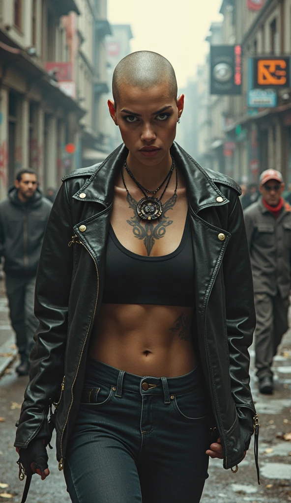 quality: 8K, Top Quality, Intricate Details, Ultra Detail, Ultra High Resolution, Masterpiece, Highest image quality, Photorealistic, Raw photo,
model: 25 year old woman, Very hot and sexy, Jaw-dropping beauty, Perfect proportions, Beautiful body, Slim body beauty (1.4)
face: makeup (1.5), smug face, (heavy makeup: 0.4), dark eyeshadow, pink lipstick, interaction, sharp face, (detailed face), (((slim face))), small lips, perfect hands,
body: Perfect Body, detail leg, ((tall)), (((fit body))), muscular bodybuilder girl, small breasts,
hair: short undercut,
clothing: ((open black leather jacket, leather pants,)), (Torn clothing),
skin: tattoo (1.2), Harnesses and bandages, scar on cheeks,
breast: detailed breast,, huge breast , ((detailed nipples)), Pointed Chest,, Bust Botox, Big, detail ass,
abs: Narrow Waist, Skinny, tall , 175 cm tall, Muscular, Navel, Exposed Abdomen,Beautiful girl with accentuated slender abs: 1.4, Six Pack Abs: 1.4,
location: Outdoors, Intense sunlight, Post-Apocalyptic Wasteland, The world of Mad Max, Desert, Collapsed buildings, Ruins hazed with dust and sand, Desolate city street, Bus stop,
focus: professional photograph, sharp focus, dramatic, award-winning,
light: Cinematic lighting,
background: Blurry background, Blurry foreground, Bokeh, Depth of field, Sunset,