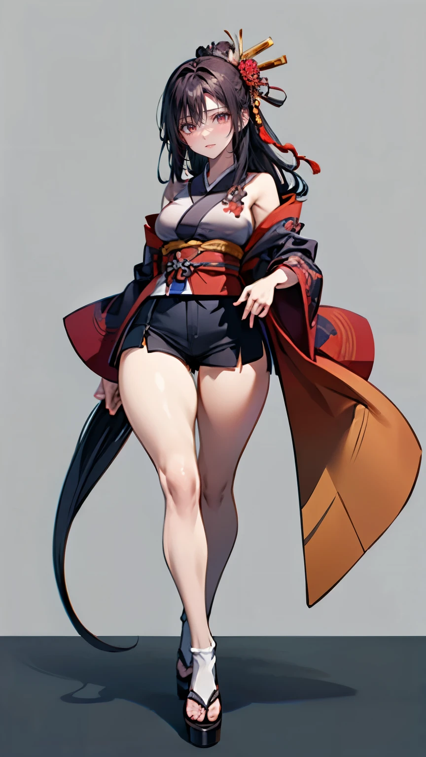 ((Masterpiece, plain background:1,2)) full body photo standing yellow bikini, barefoot, cleavage, leather corset, bracers, tiara, leather collar choker neck bell, shackles wristbands (muscular ass) (thin waist) (very horny) mature female Kuroimori animal ears, flower, glasses, hair flower, hair ornament, hand between legs, pink eyes, pink hair, rabbit ears, red-framed eyewear, sleeves rolled up, unbuttoned, unbuttoned shirt, Viera