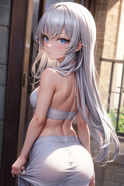 (((Alexia Midgar))), silver hair, red eyes, sly look, smiling, 4k resolution, masterpiece, cinematic, sharp focus, ray tracing, intricate details, perfect anatomy, (((Average breasts))) (((huge ass))) beautiful and cute lady, wearing only black mini bikini, (slim), (thin thick), (small waist), (bare butt), 8k, muscular legs, muscular belly, barefoot, from the front for me