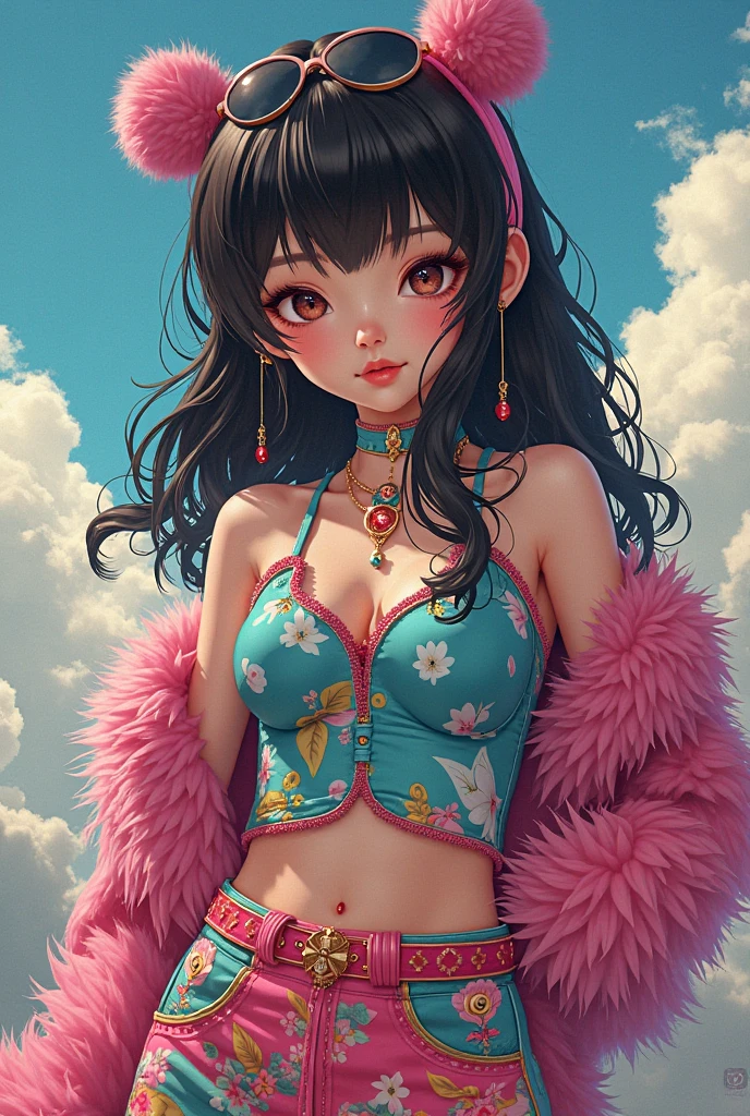 a slender girl with long black hair with purple highlights, fair skin, wearing a silver sequined crop top, gray high-waisted shorts, accessorized with bracelets and rings, photorealistic, detailed facial features, beautiful detailed eyes, beautiful detailed lips, extremely detailed face, longeyelashes, portrait, fashion, glamorous, dramatic lighting, vivid colors, high quality, 8k