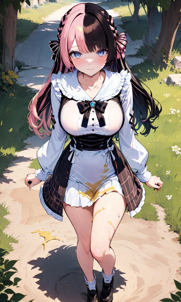highly detailed skin, highly detailed face, (beautiful detailed eyes, the girl smiles, red cheeks), (A girl stands and walks), The girl is a cute 18-year-old, ((no panties, Cute, thin pubic hair)), (Not wearing a bra, small breasts, cute nipples), (Pink heeled shoes with ribbon), (White lace tights), pink dress clothes, black hair, ribbon hair ornament, short skirt, earrings, Cherry blossom trees, Scattered cherry blossom petals, ((Photographed from the front so that the girl&#39;s whole body is included)),