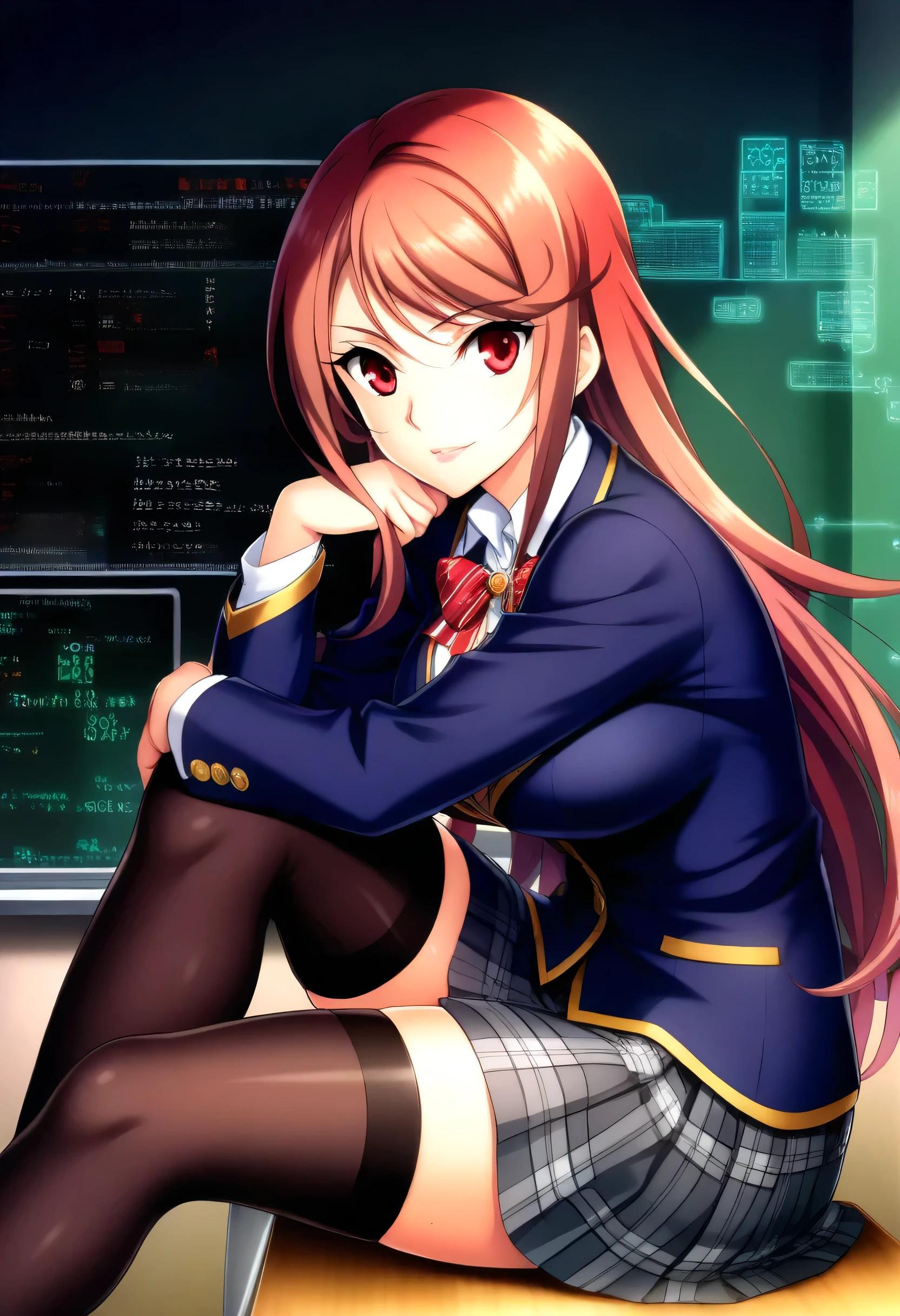 Bewitching anime girl in blue suit and tight skirt、Black tights,Inviting look、Buttoned shirt and brown hair,????? anime style, bending forward,Kamimei,Red Light District at Night,neons