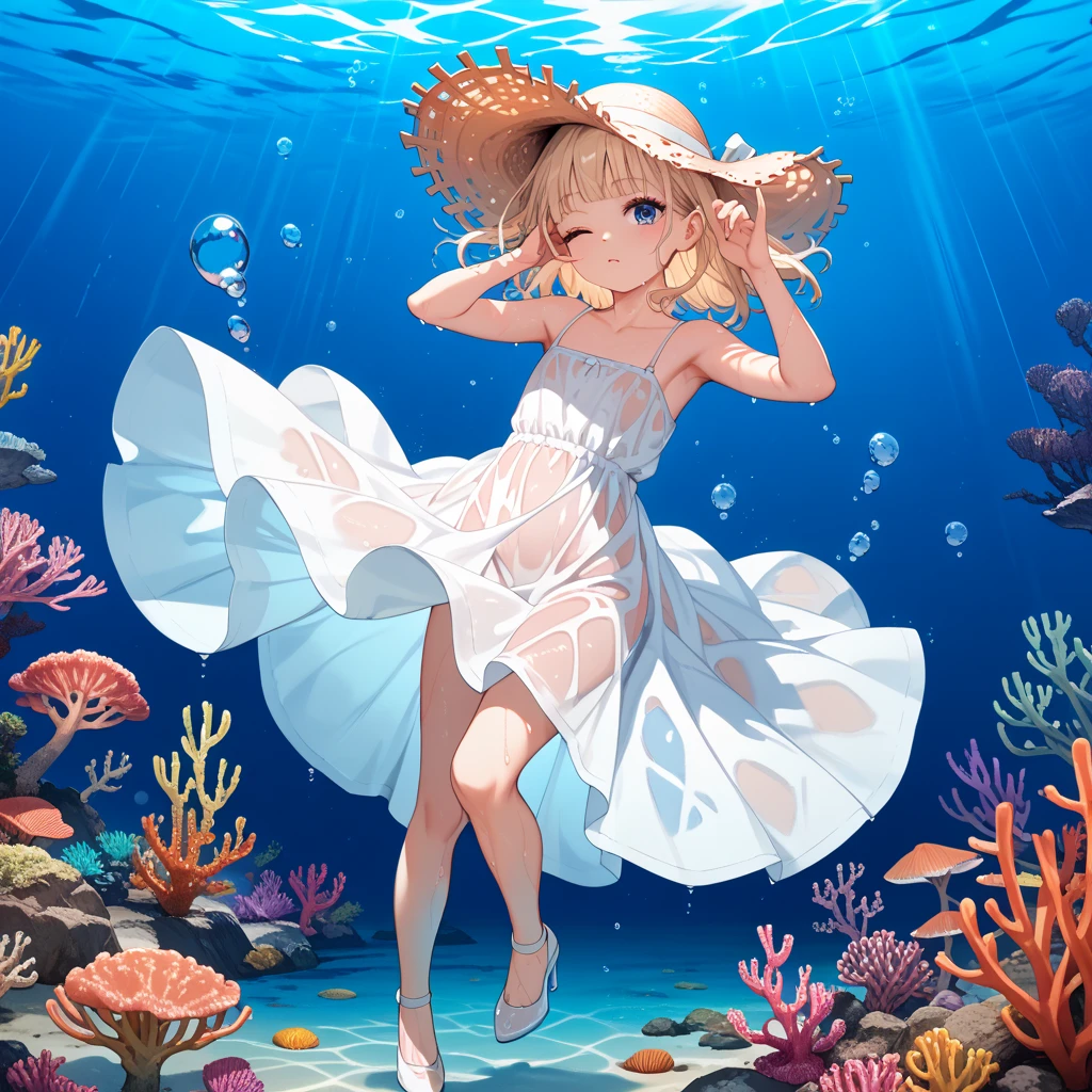 (masterpiece:1.3), (best quality:1.2), (illustration:1.2), (ultra detailed:1.2), (pixiv:1.4), ultra high res, watercolor, a girl with mimosa-colored and blunt bangs hair and eyes, (masterpiece:1.3), (best quality:1.2), (illustration:1.2), (ultra detailed:1.2), (pixiv:1.4), ultra high res, watercolor,looking at viewer ,focus eye,flat chest,slender,shining, many rays, (transparent lake:1.3), emerald lake, a black bikini, swimming under water, (tropical fish:1.3) pastel tones, flat tones, upward glance, tilt head, full body, twinkle smile, 1girl, solo, 15years old, detailed beautiful face and eyes, fashion model, tall, slender legs, medium breasts, hair fluttering, (well-proportioned body:1.2), (dynamic angle:1.3) (beautiful hair:1.2), (masterpiece:1.2) , (best quality:1.2) , (ultra-detailed:1.2), 1000 other tiny bubbles all around, bubbles with light shined,