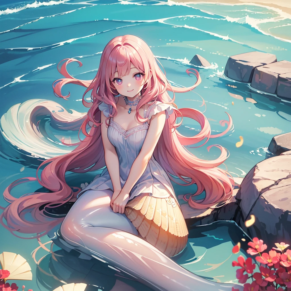 Top Quality、巨作、highly resolution、very detailled、a girl、a Pretty、Anime、Crystal clear white skin、Functional、a whole body、middle school student、14yearsold、(Hair color is shiny light pink)、Cat-eared girl is floating on the surface of the water lying on her back in the middle of a beautiful deep sea where you can see the horizon、Under the midsummer sun、Cute pink swimsuit、Your hair, face and body are soaking wet、Spread your arms and legs、Relaxing、There are no rocks nearby