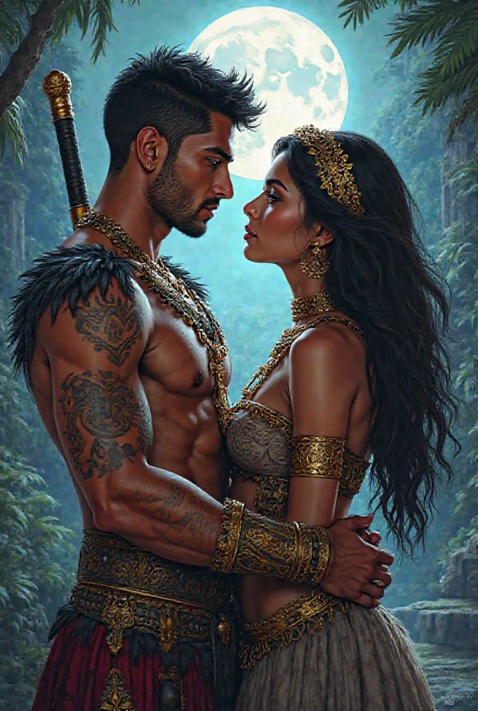 Create me a mascular man holding a long bush knife, standing in the middle of the tropical rainforest od PNG , has a skin colour of PNG easthern highlends princess, a eastern highlends women standing beside him ,puting her heard on the man ,she has a long curly hair,  also has a skin colour of PNG in eastern highlends princess in daulo district , a tatoo on a man right breast a tatoo named OTTII, in a stylish way 