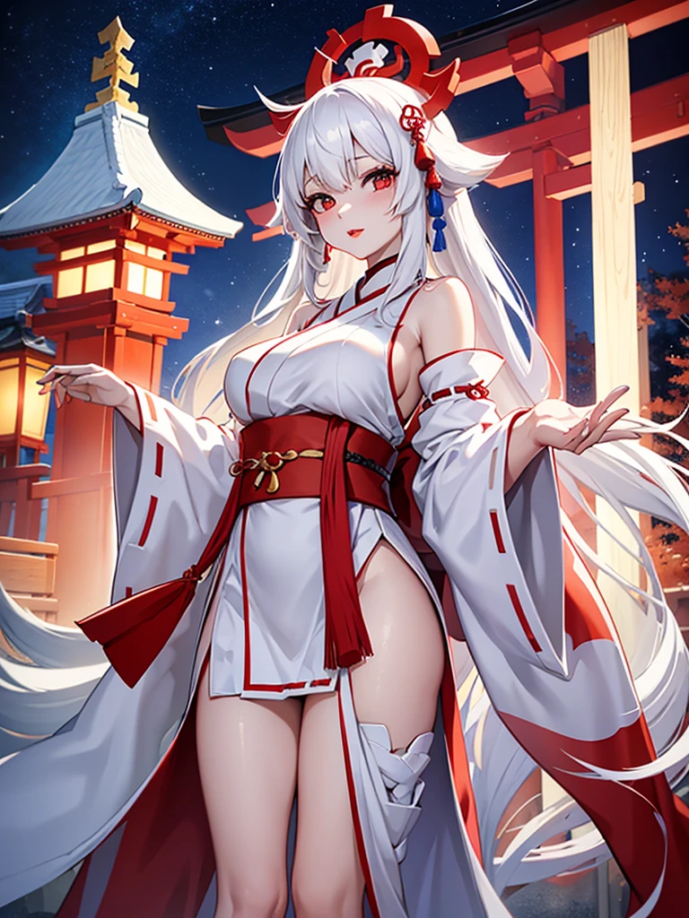 A girl wearing a shrine maiden outfit with cat ears,Half-naked so that her nipples are visible,Show me your pussy,Gray Hair