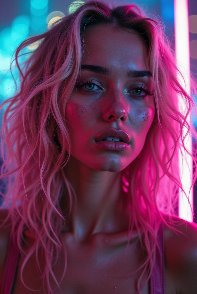((masterpiece)), RAW photo, (photo realistic:1.2), (extremely detailed), (sexy, erotic), High Detail, Sharp focus, beautiful eyes, detailed eyes, detailed face, perfect facial details, perfect mouth, detailed lips, solo, woman, pink hair, (cyberpunk bodysuit), kneeling, (realistic detailed skin), outdoors, cyberpunk, night, rain, volumetric lighting, (film grain:1.2),