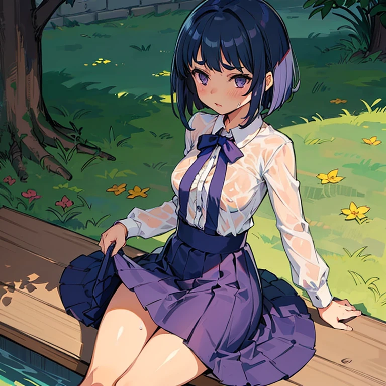 masterpiece, best quality, very aesthetic, absurdres, newest,1girl, cunnilingus_gesture,tear in eyes,,embarrassed, ,maple (bofuri),bofuri,1girl, medium hair, ahoge, purple eyes, hair ornament, black dress, mini-skirt,,in garden