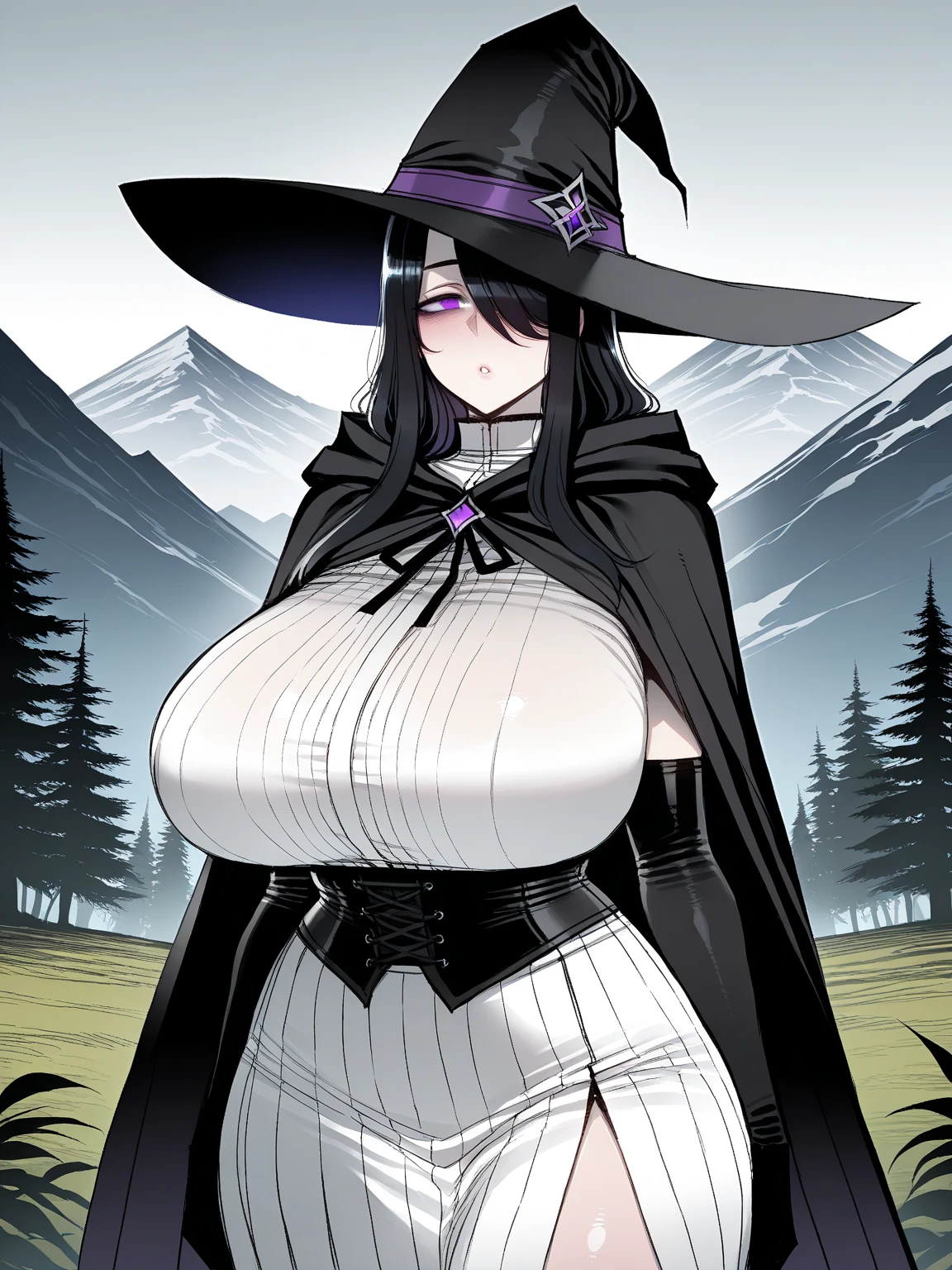score_9, score_8_up, score_7_up, score_6_up, score_5_up, score_4_up, solo, necromancer lady, white hair, long fluffy side locks, hair tubes, big thick full lips, ((pouted lips)), ((mature woman)), ((NSFW)), sexy, gold bracelets and necklaces, ((body jewelry)), topless, (((hooded cloak))), tattered black cloak, tattered pelvic black curtain, ((blindfold)), pelvic curtain, sandals, (((gigantic breasts))), ((sagging breasts)), big nipples, wide hips, thick thighs, intricate details, detailed background, sharp focus, ((underground tomb)), ((dark souls mixed with final fantasy style)), mist fog, gravestones, moon, dynamic, expressive, bleak world, (((close up shot))),