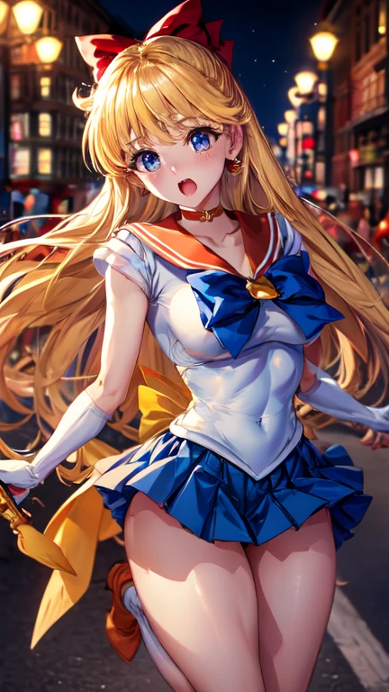 masterpiece, best quality, high resolution, city background, uhd, blond hair, comsic bright glowing dress, kawacy, young, (fantasy 1.5) pigtails hair, 4k, rainbow, kodak, oil, sailor scout, nylon, brilliant, running, wide range, magical, lingerie, strong emotion, in love, singing, horns