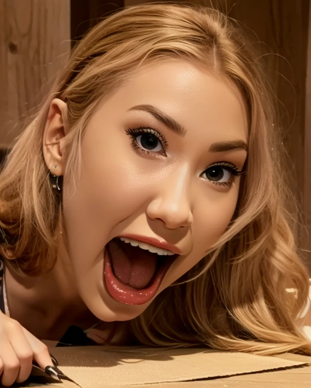 Blonde woman putting a finger on her tongue in an exciting way while winking