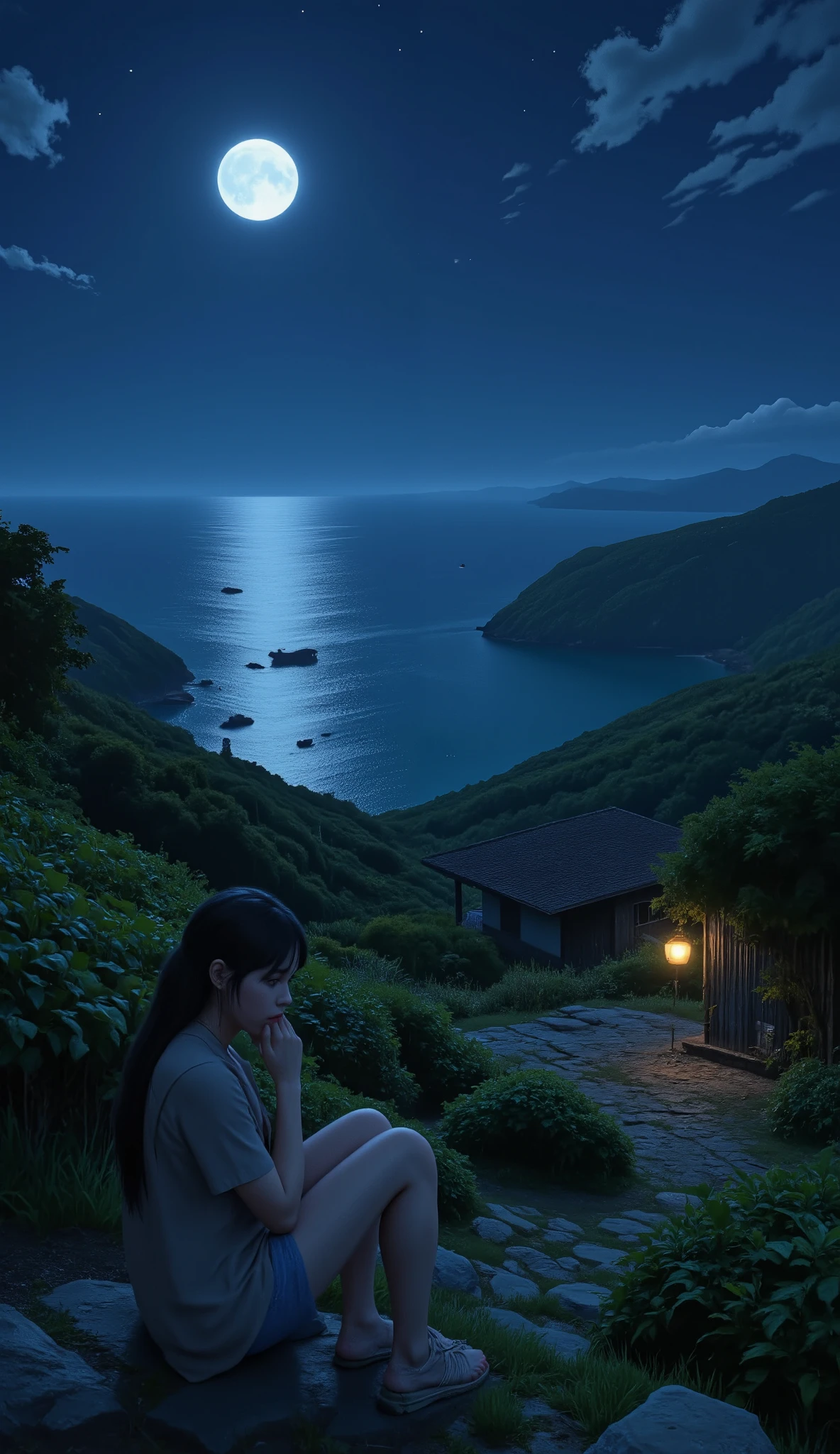 in high-definition images、家のある Vietnamの night view、Halong Bay、 night viewとともに、 Vietnam、moon明かりで視界が良く良い景色、moon、The bay of the ocean in front、quiet night、Green and Blue、digital illustration、4K high-detail digital art、 night view、 Anime Art Wallpaper 4K、 Anime Art Wallpaper 4K、4K detailed digital art、Natural landscape at night 、Anime art wallpaper 8K、 background artwork、 beautiful 4K art、4K HD illustration wallpaper women sitting and crying with anxiety