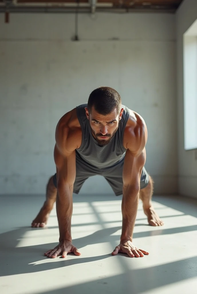 Full body, high resolution, 1 man in a single photo with shaved head, A very tall man (6 feet 5 inches), elegant and handsome, muscular, very muscular, large and defined muscles, 30 years old with paleness. skin, white skin, with a shaved head, no shirt, blue sports shorts with black sneakers, in a modern luxurious room where there is furniture, television, vases, decorative paintings, interior decorations. Man doing pushups for exercise in luxurious room, f/16, lens flare, Canon, masterpiece, best quality, 8k, UHD, accurate, anatomically correct, textured skin, super detail, high details, award-winning, high quality, best quality, high resolution, 16k