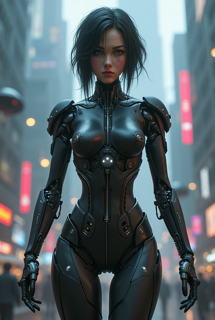 (masterpiece, best quality, high detail), (8k, photorealistic), (dslr, full frame, 18mm focal length, f/5.6 aperture), a cyborg woman Mech4nim4lAI with a human face, in a futuristic cyberpunk city with cyberpunk structures:.6 in the background, cloudy sky, detailed face, detailed eyes:1.4, detailed skin, outdoors, <lora:Mech4nim4lAI:.4> <hypernet:LuisapSciFiHard_v1:.4> BiL13L1SH:.4
