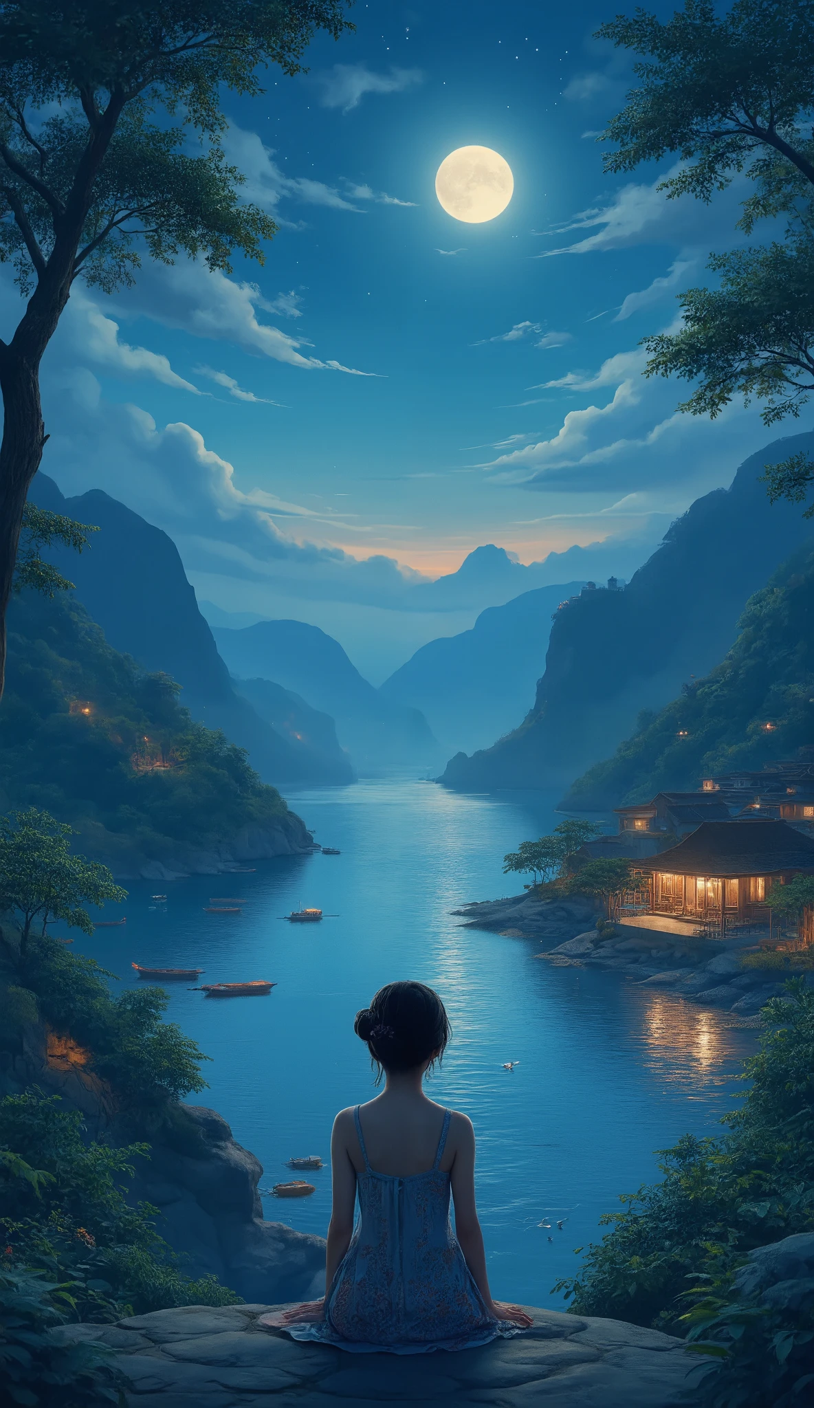 High Definition Images、家のある  Vietnamの night view、 Halong Bay、  night viewとともに、  Vietnam、moon明かりで視界が良く良い景色、moon、The bay in front of me、quiet night、Green and Blue、digital illustration、4K high detail digital art、  night view、 Anime Art Wallpaper 4K、 Anime Art Wallpaper 4K、 4K detailed digital art、 Natural landscape at night  、  Anime Art Wallpaper 8K 、  background artwork、  Beautiful 4K Art 、 4K HD illustration wallpaper woman sitting and crying with anxiety