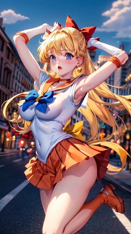 1girl, Angle from the front, ((She leans forward to accentuate her breasts and show off her bust.)), (Moonlit night)、(On the roof of a building)、thighs、(shiny White skin:1.6)、blue eyes, ((Slim figure)), ( girl), (A sadistic and malicious grin), Stick out your tongue、Winking、(grin), (Shiny blonde hair)、Long hair, (forehead), (feet), Blue ribbon on chest, (Big red ribbon), ((Sailor Venus))、Sailor suit、(Orange pleated mini skirt)、panties, sexy pose, (The abdomen is exposed)、