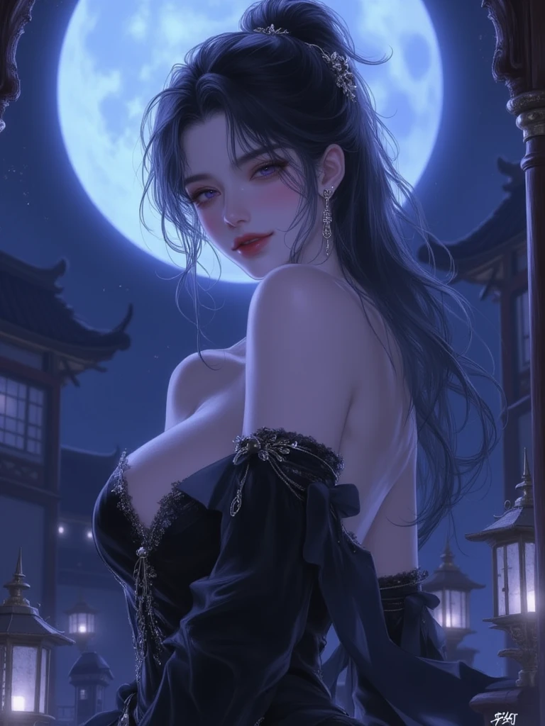 moon, full moon, 1girl, night, architecture, petals, breasts, long hair, cleavage, cityscape, smile, skyscraper, bare shoulders, jacket, city, solo, looking at the audience, night sky, bare shoulders, medium breasts, very long hair