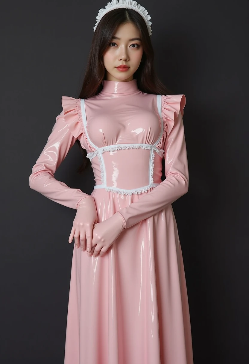 Bust up shot、(masterpiece,Highest quality,Ultra-high resolution),Japanese women, Bob Hair、白いFrillsのついたメイドキャップ、(((Very beautiful 25 year old girl))),(Pale pink long sleeve latex maid outfit)、(((Pale pink latex long skirt))))、(A pale pink long-sleeved latex shirt covering the upper body)、Pale pink latex gloves、Pale pink latex socks、Pale pink latex bodysuit、Frills、The clothes fit snugly to the body、Latex is very shiny、Dark Room、Sitting on the bed