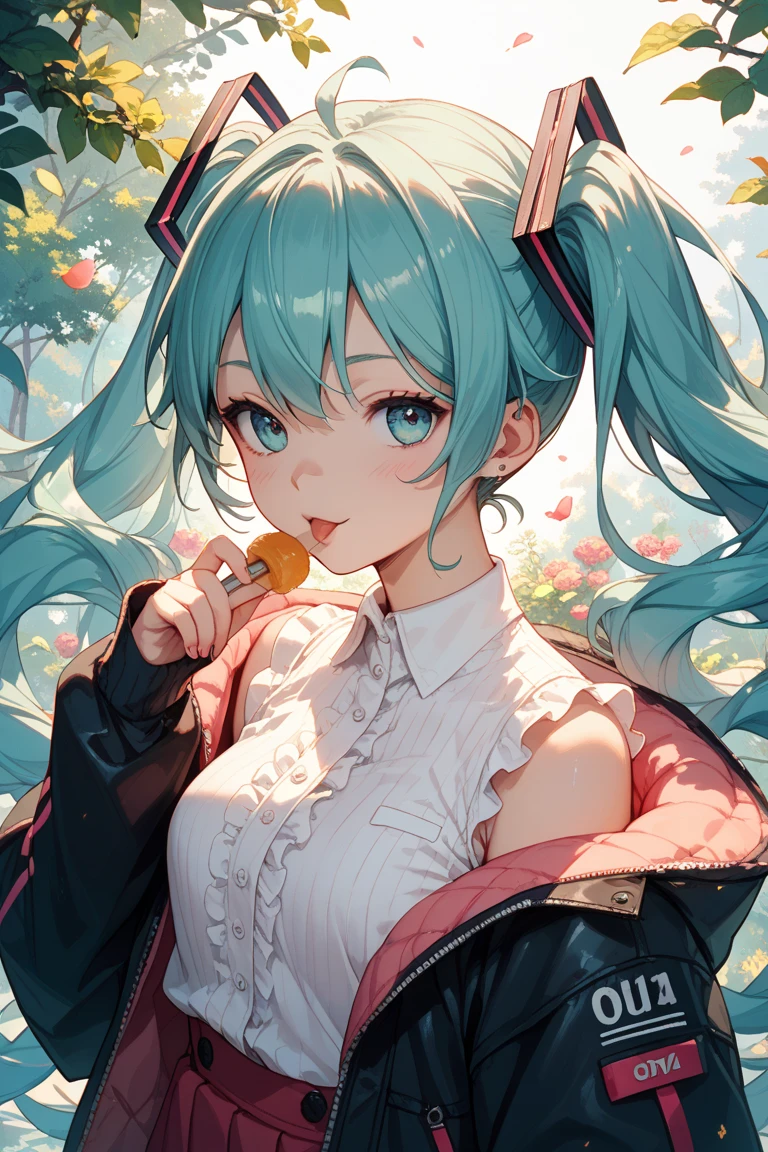 Hatsune Miku picking up and eating acorns