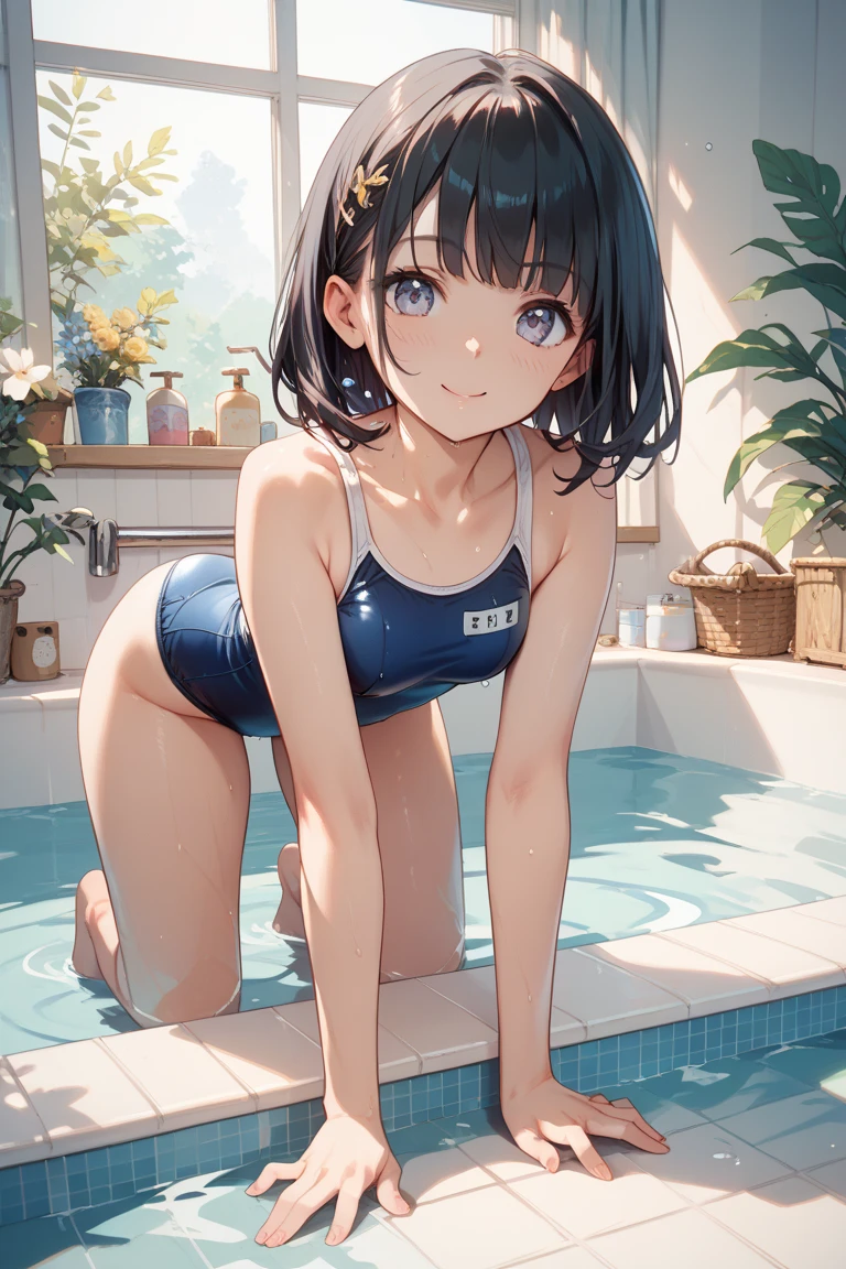 ,(girl ,short stature,) ,flat chest,nsfw,big head, rotund.see-through one-piece-swimsuit,braid hair, poolside.,sitting floor,girl masturbation,