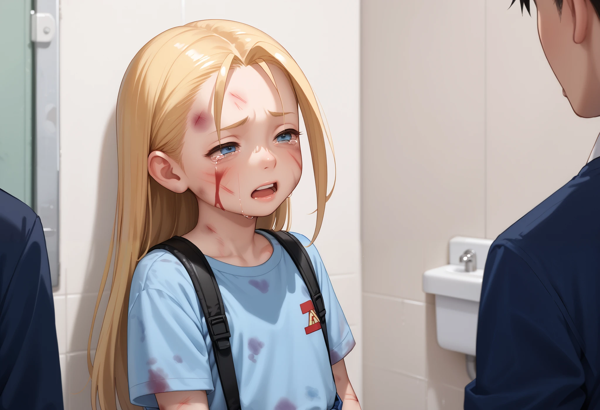 CammyBO, blue eyes, long hair, bleeding, her clothes are dirty, look of an almost dead person, half eyes, weak,school bathroom, at night, sad and afraid, young, young k1d, 1kid, anime art,  bruised , crying , bloody, some black boys laugh at her, multiple people around her laughing at her
