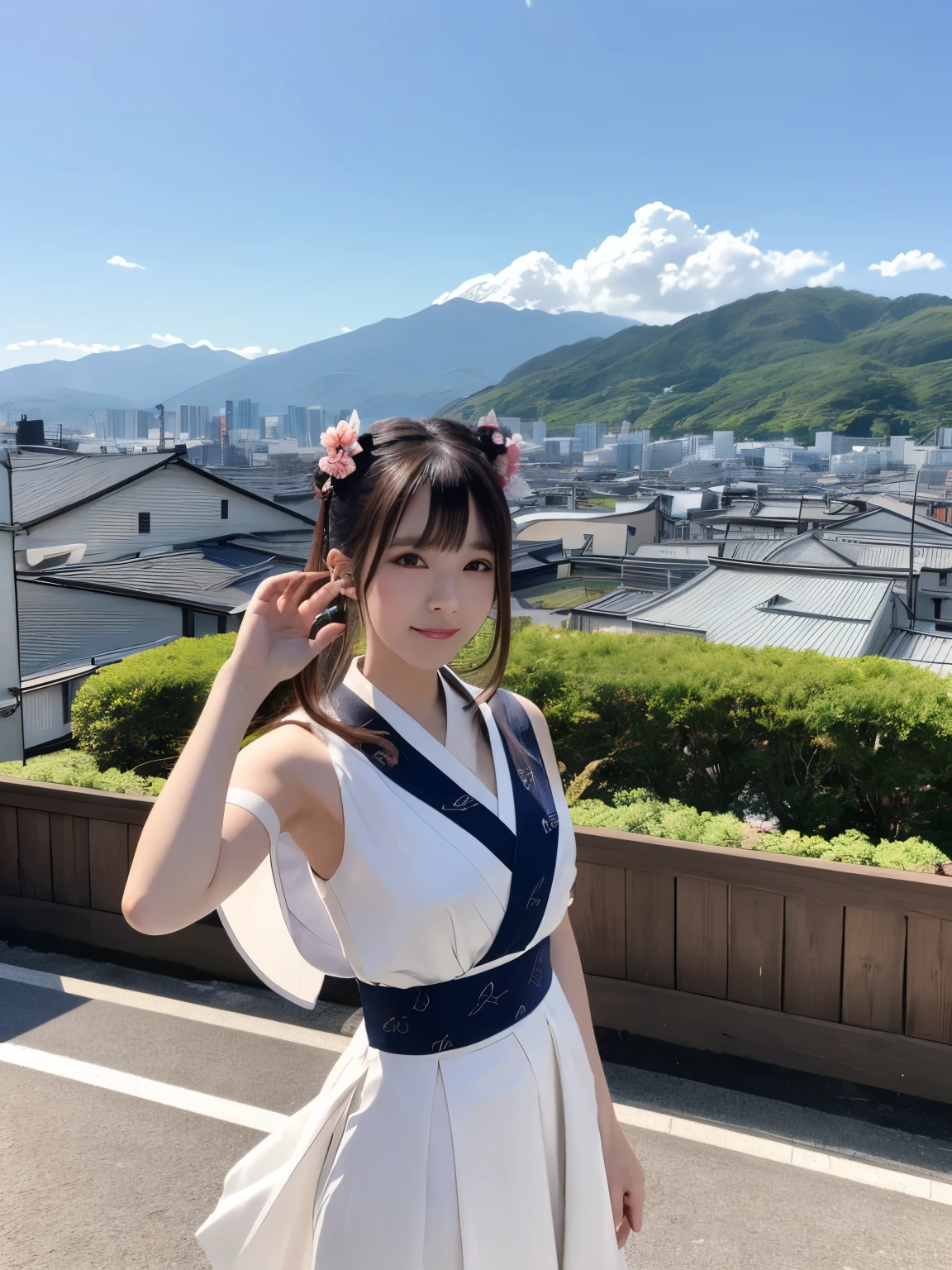 1girl,(background: Garden),looking at viewer,photorealistic,realistic,solo,Outdoor:2,Flowers,Blue sky and white clouds,Mountains,Audience,