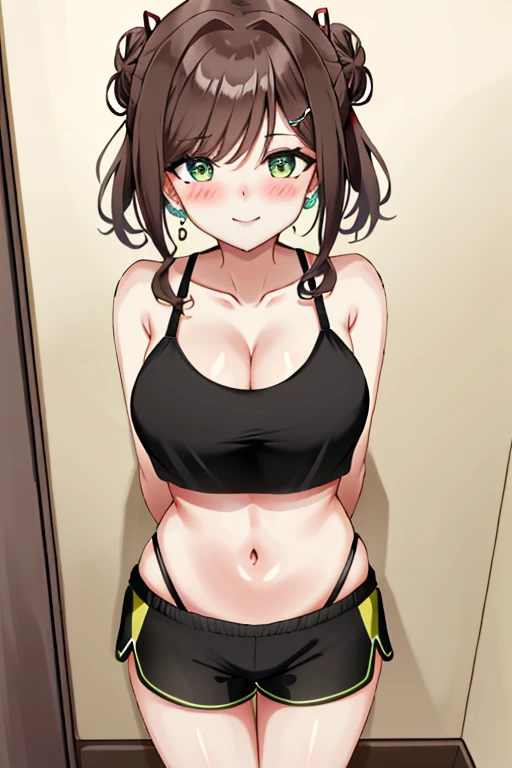 1girl, solo, detailed face,natsuiro matsuri,my room,smile,ahoge, bangs, , black ribbon, blush, , cat hair ornament, , green eyes, green ribbon, hair between eyes, hair ornament,,looking viewer,standing,sports bra,leggings