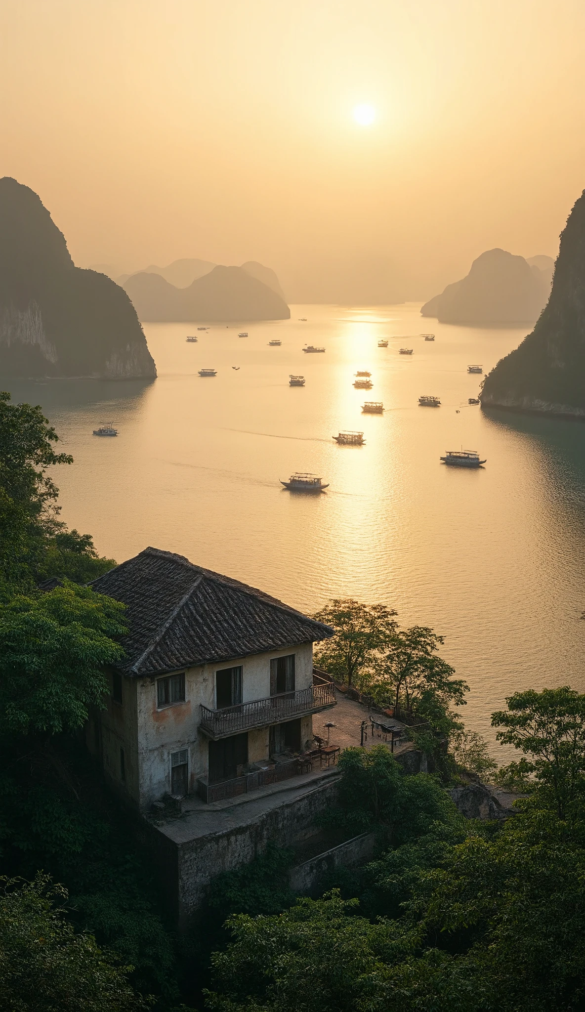 High Definition Images、(An image of the dawn in Vietnam with a house、)( Halong Bay、) with the scenery at dawn、  Vietnam、Good view with the faint light of the dawn、The bay in front of you、  quiet dawn 、  colorful landscape 、  Vietnamらしい船がいる、 Good balance between the house and the sea、An hour before the sun rises 、 Scenery as seen from the window of a house、 4K detail digital art、 natural scenery with rich colors、 Beautiful coast、  background artwork、