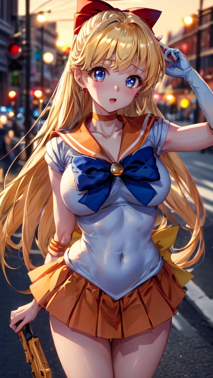 (Highest quality)、Sailor Venus、Big Breasts、no good、Nipples are visible、Mini Pleated Skirt、Blonde long straight hair、Glossy hair