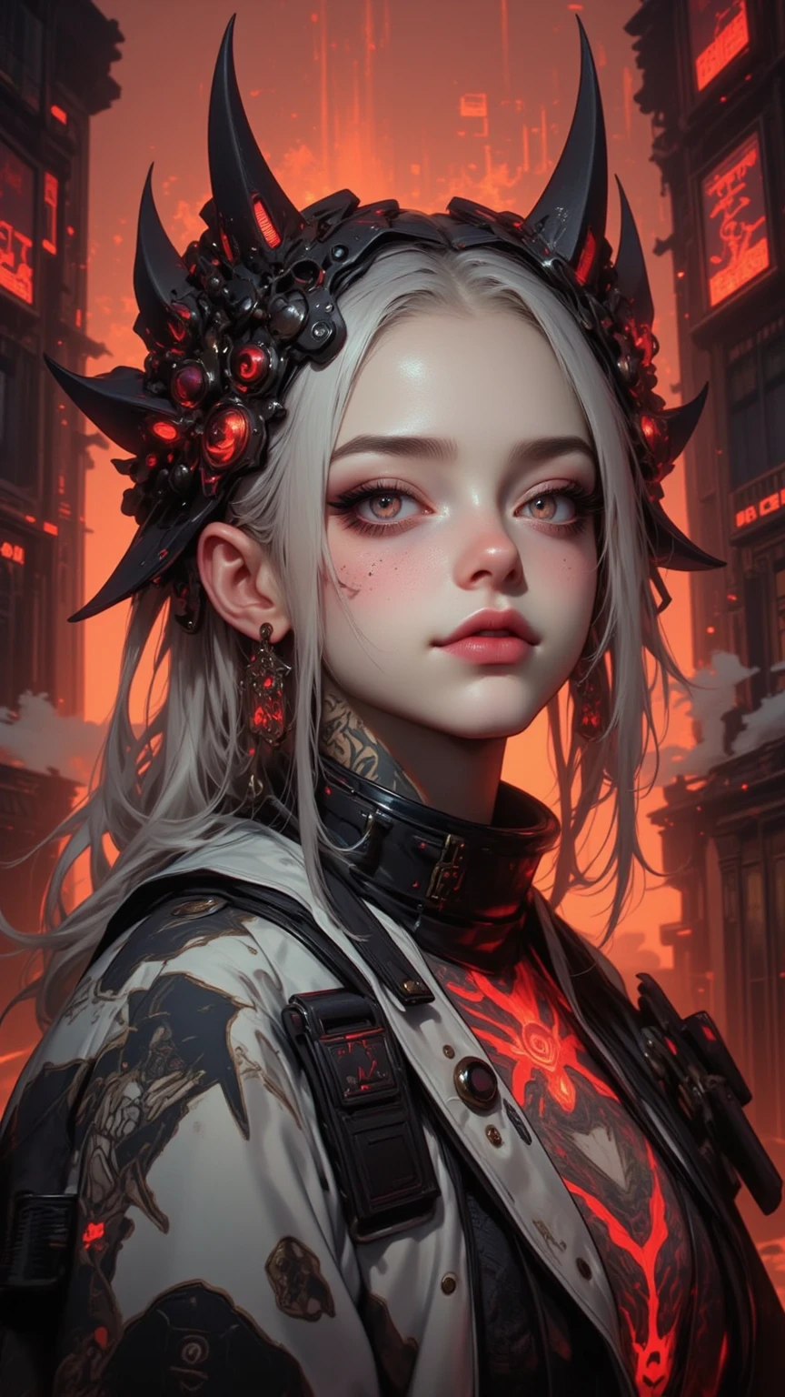 official art, unity 8k wallpaper, ultra detailed, beautiful and aesthetic, masterpiece, best quality, realistic, horns, blush, long hair, white hair, streaked hair, red eyes, hair bow, mole under eye, red akirabike, riding bike, night, cyberpunk city view, epic screen, school uniform,