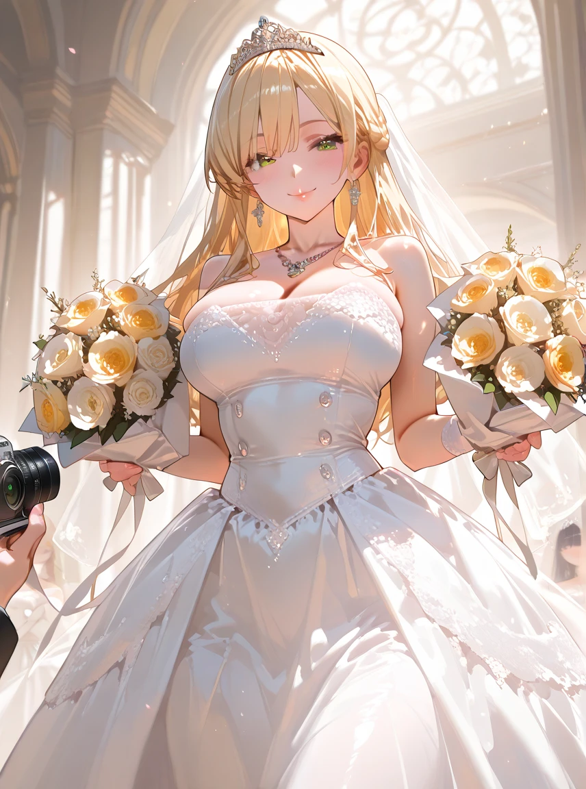 masterpiece:1.2, best quality), realistic, (Real picture, intricate details, depth of field), (1 woman, alone), assembly, chapped lips, very detailed, perfect face, (Skin dentition), thick thighs, wide hips, small waist, tall, shiny coral lips,, (Girl in a wedding dress holding flowers in her hands )), sexy, blushing, Mikasa from AOT, blond hair, Perverted woman