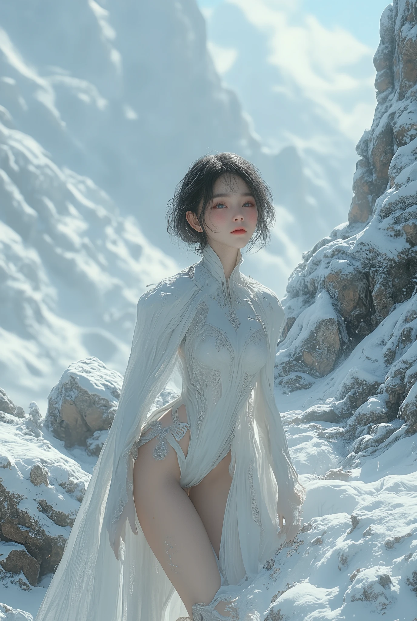 (ultra Realistic) , (illustration), (Enhance resolution), (8k), ( Extremely Detailed), ( detailed face ), Slim Body, in the dark , deep shadow, low profile, pureerosfaceace_v1, Happy smile, Winter, Mountain