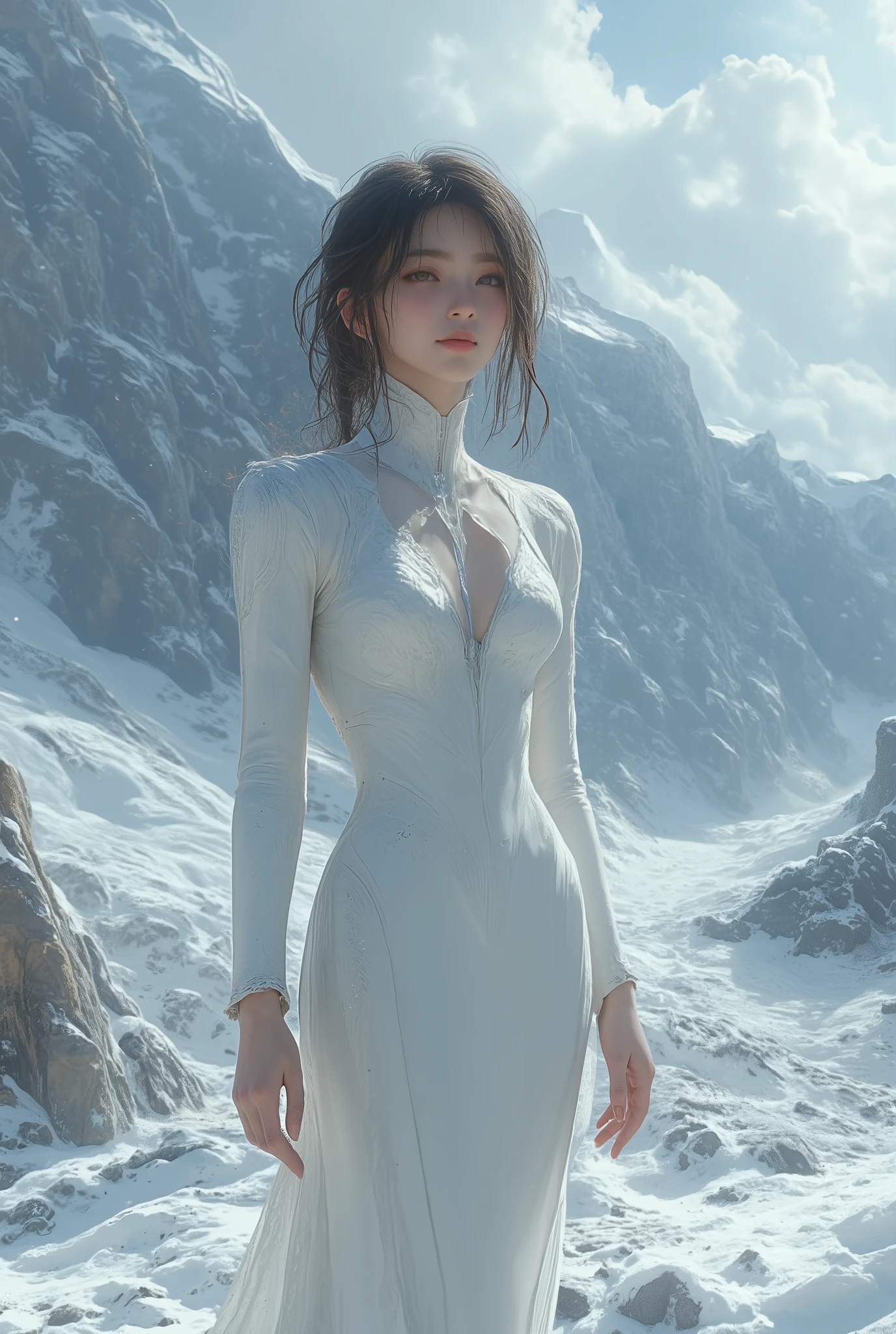 (ultra Realistic) , (illustration), (Enhance resolution), (8k), ( Extremely Detailed), ( detailed face ), Slim Body, in the dark , deep shadow, low profile, pureerosfaceace_v1, Happy smile, Winter, Mountain