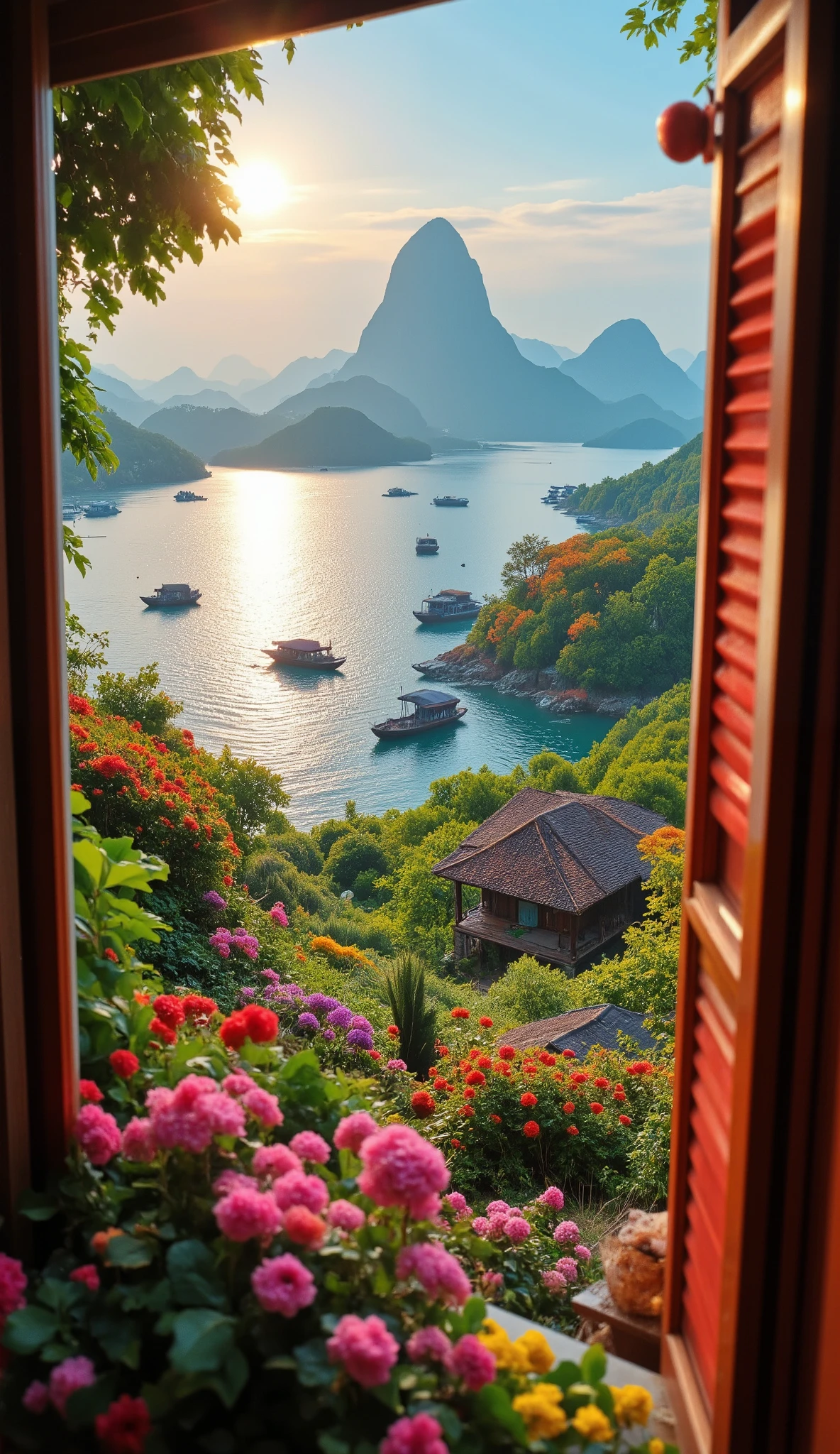 highdefinition images、(家のある Vietnamの夜明けのイメージ、)()Halong Bay、scenery at dawn、 Vietnam、scenery with colorful flowers and trees、The bay in front of you、 quiet dawn 、colorful scenery of flowers and trees、 Vietnamらしい船が3隻いる、good balance between house and sea、1 hour before sunrise、landscape seen from house window、4K detail digital art、colorful natural landscape、Beautiful coast、The background art is、