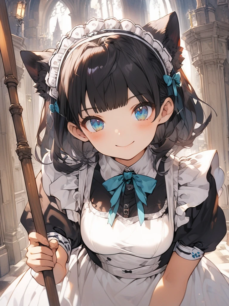 solo, handsome, Watercolor 1. Female,
Straight Bob Hair, black colored hair, 
Blue eyes,Softlook,Lolita,Drooping eyes,black cat ears,
Maid clothes,Off the shoulder,Show Bra,tits,skin,Sexy,smile,
black background,Embarrassed,Cat pose,