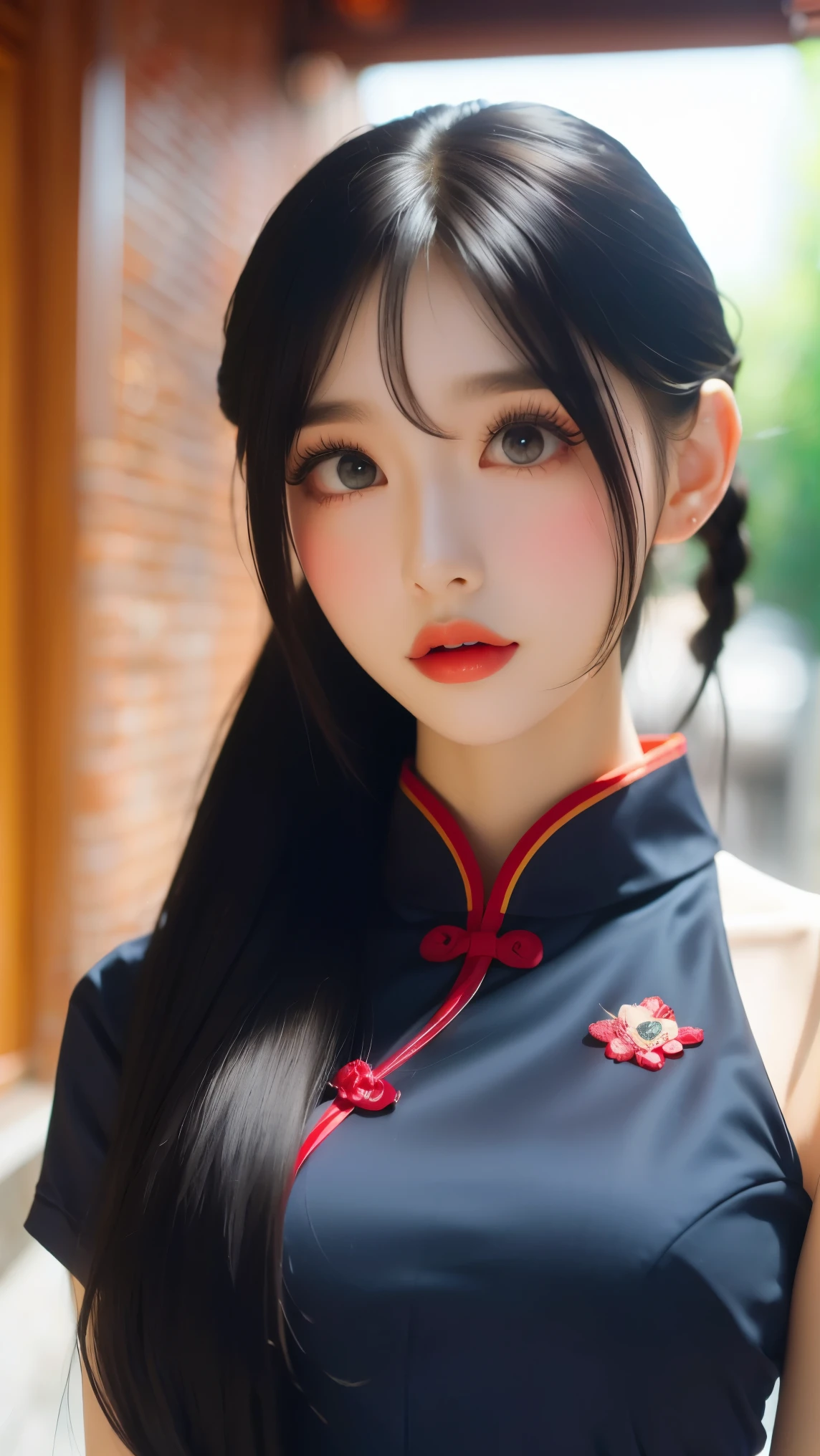 ((best quality)), ((masterpiece)), (detailed), perfect face, ((Best quality, 8k, Masterpiece: 1.3)), Sharp focus, Highly detailed face and skin texture, Detailed eyes, Long hair, ponytail, scrunchie, samurai, navy blue clothing, Mature woman, seductive, backlit, red light, beautiful legs